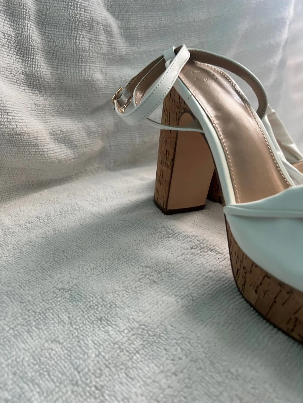 JustFab White Cork Platform Ankle-Strap Heels Size 9.5 White Block Heels